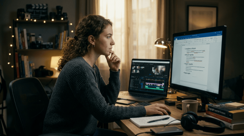 Woman working at a desk with video editing software and notes