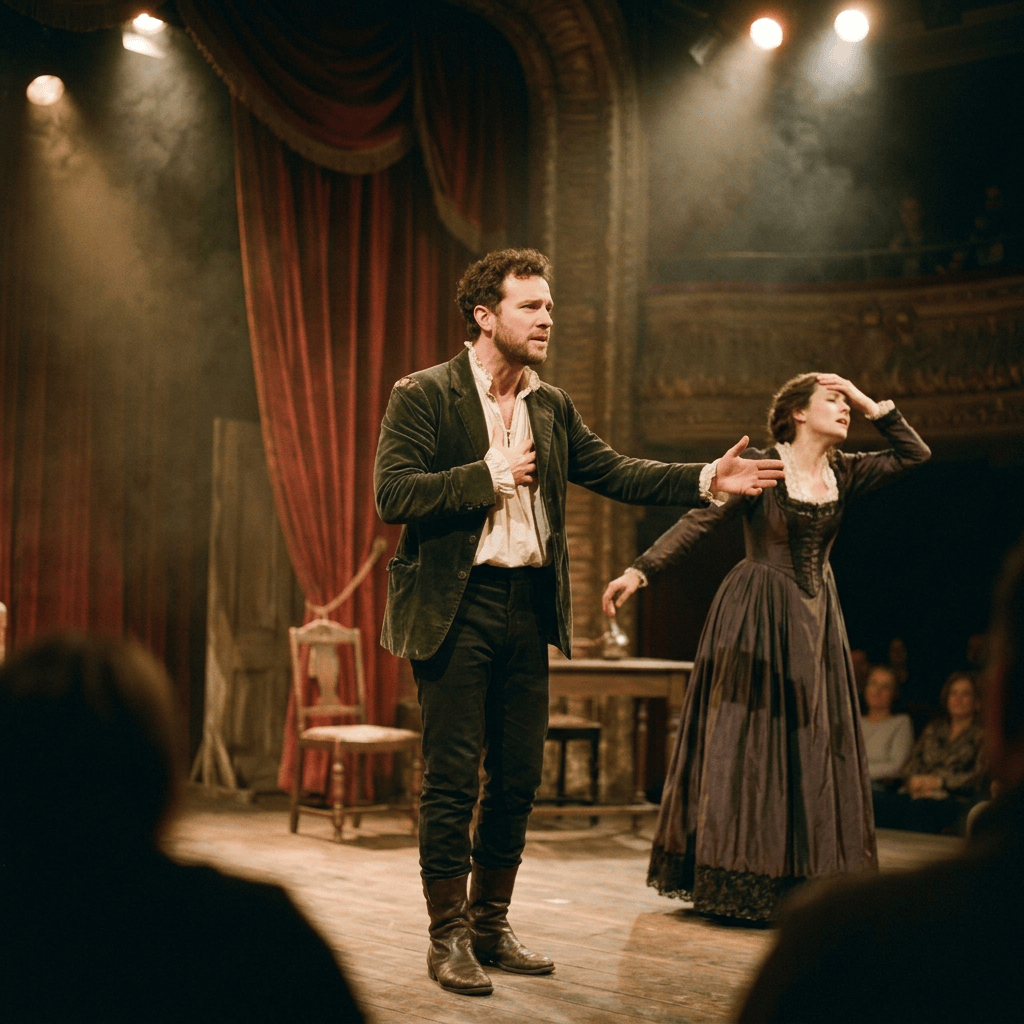 Two actors perform an emotional scene on a warmly lit theater stage